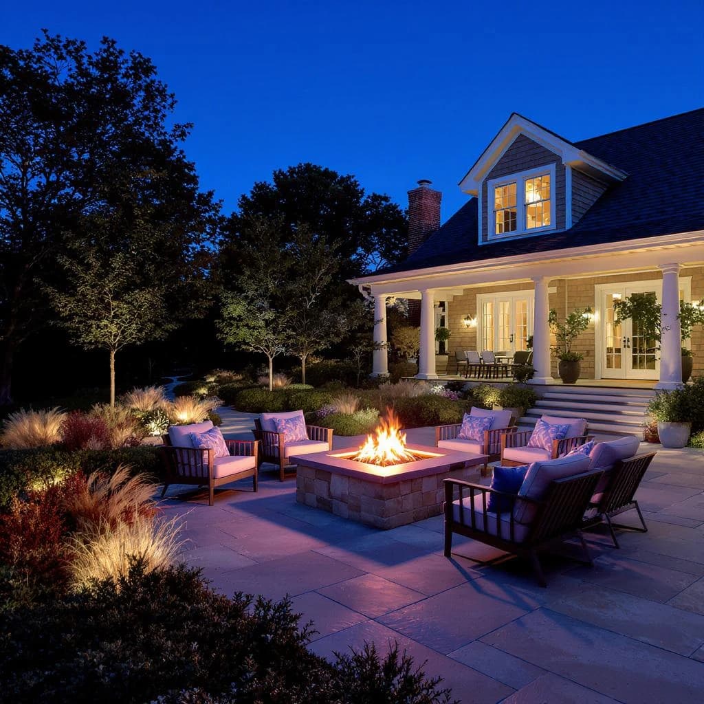 Luxury Cape Cod outdoor living space at dusk — natural-stone patio, fire pit, and lounge seating